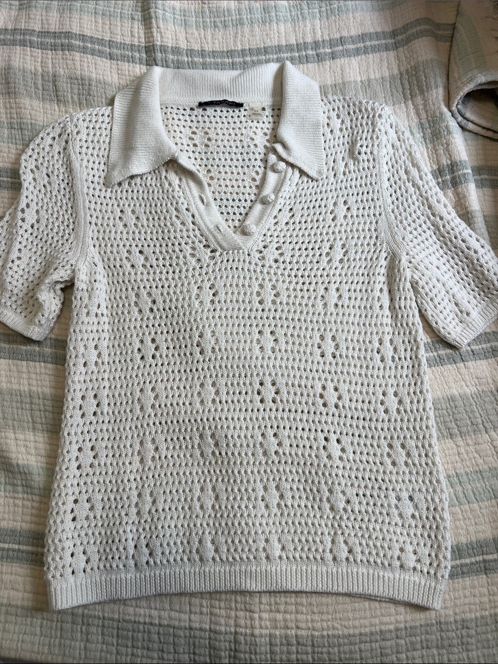 T Tahari Cream Open-Knit V-Neck Polo Sweater